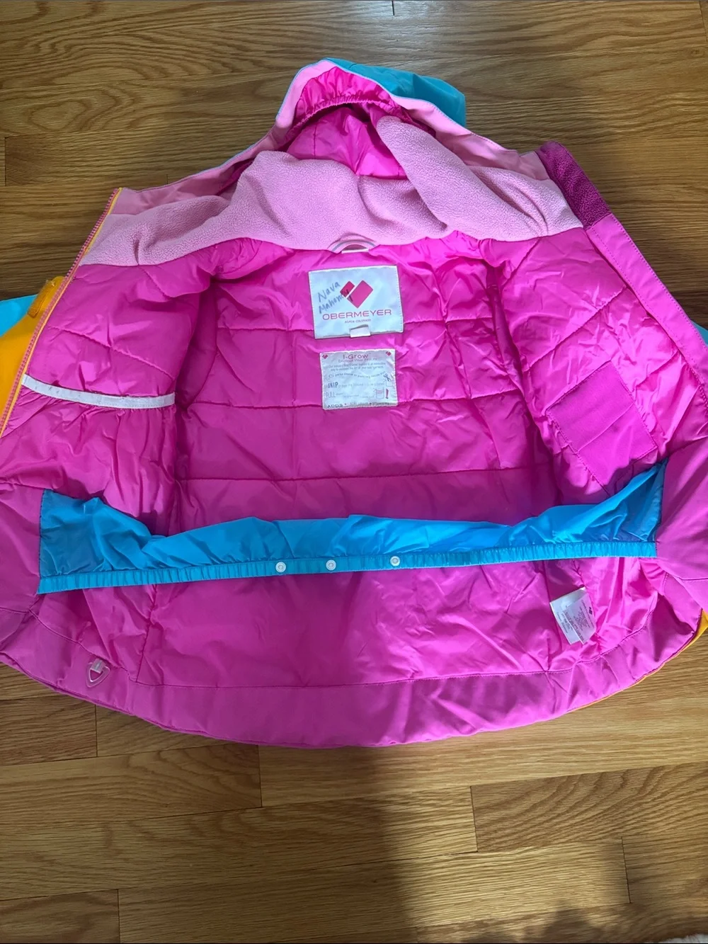 Obermeyer Kids Ski Jacket in Turquoise, Yellow & Pink